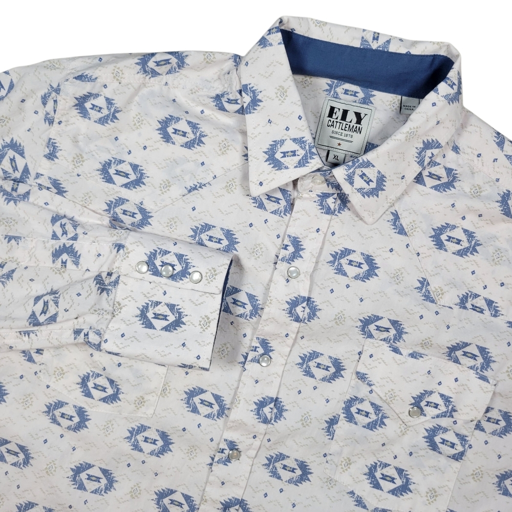 Ely Cattleman Shirt Mens XL White Blue Pearl Snap Aztec South Western Cowboy